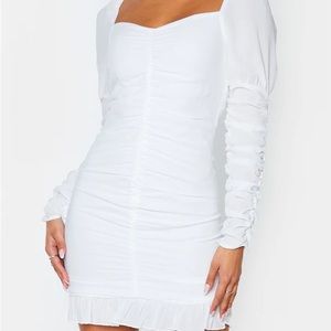 NWT PrettyLittleThing White Ruched Frill Hem Bodycon Dress